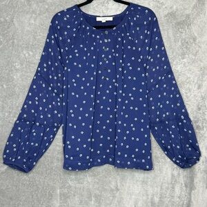 Ann Taylor Loft XL Shirt Top Navy Blue Floral Sheer Long Sleeve Round Neck
